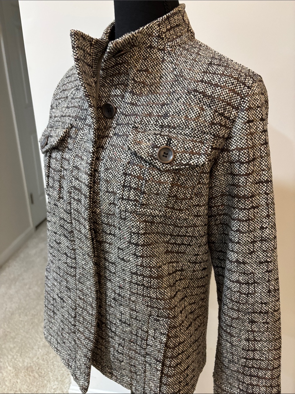 Chicos Wool-Blend Houndstooth Button-Front Womens Blazer Jacket -